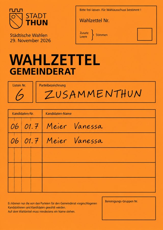Beispiel eines ausgefüllten Wahlzettels: Liste 6 ZUSAMMENTHUN, Meier Vanessa, Kandidaten-Nr. 06 01.7, zweimal eingetragen